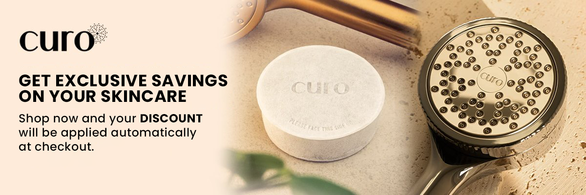 Curo skincare promo banner with logo and sale message on the left, skincare products shown on the right on a beige surface.