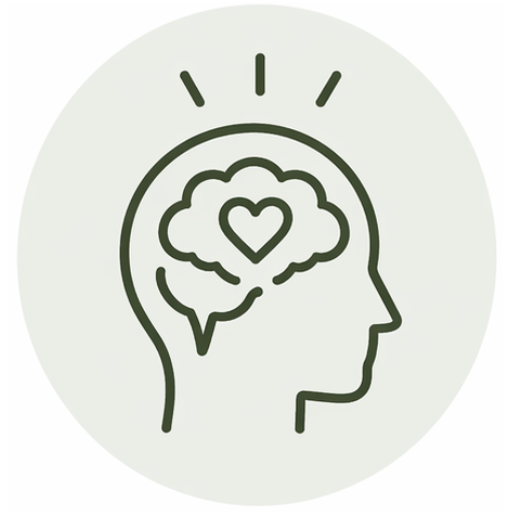 Outline of a human head with a brain that includes a heart, symbolizing mental health and compassion in care contexts.