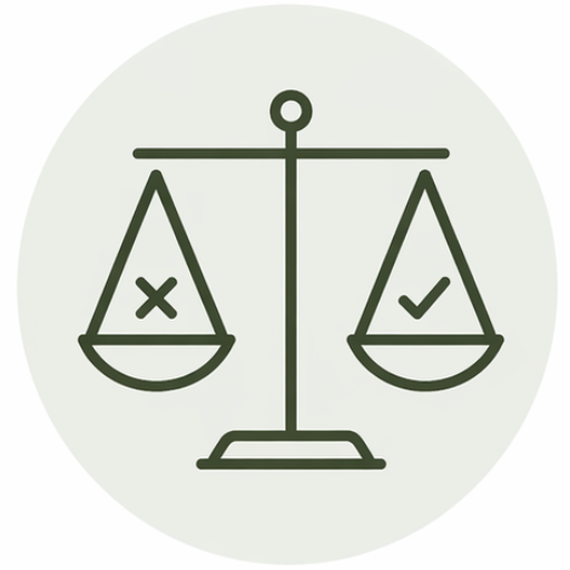 Scales representing weighing options, left pan marked X (wrong) and right pan with a check (correct)