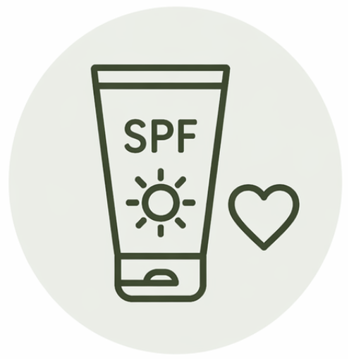 Sunscreen tube labeled SPF with a sun icon and a heart, indicating sun protection and skin care.