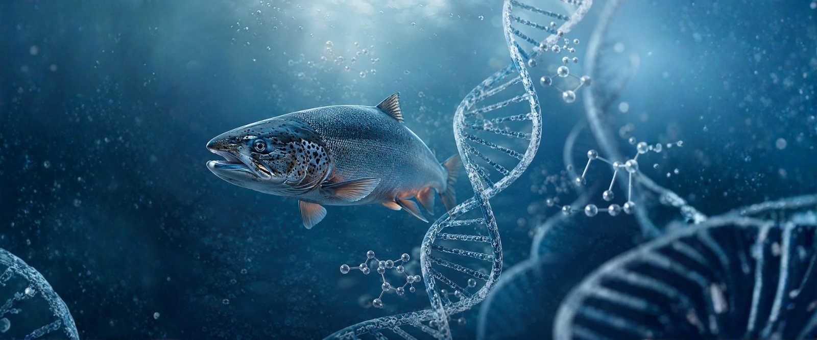 A fish swims beside twisting DNA double helix strands in a blue underwater scene, implying biotech research.