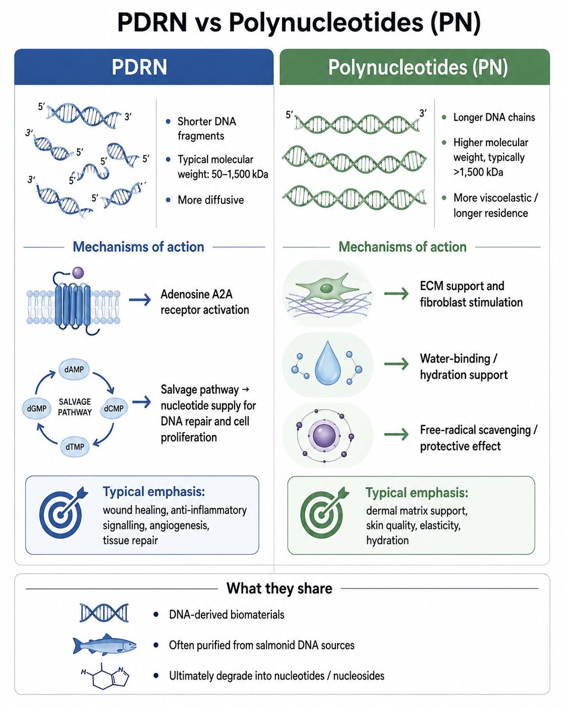Comparison infographic: PDRN vs Polynucleotides (PN) showing differences in DNA fragments, molecular weight, diffusiveness, and mechanisms of action for skin healing and tissue repair.