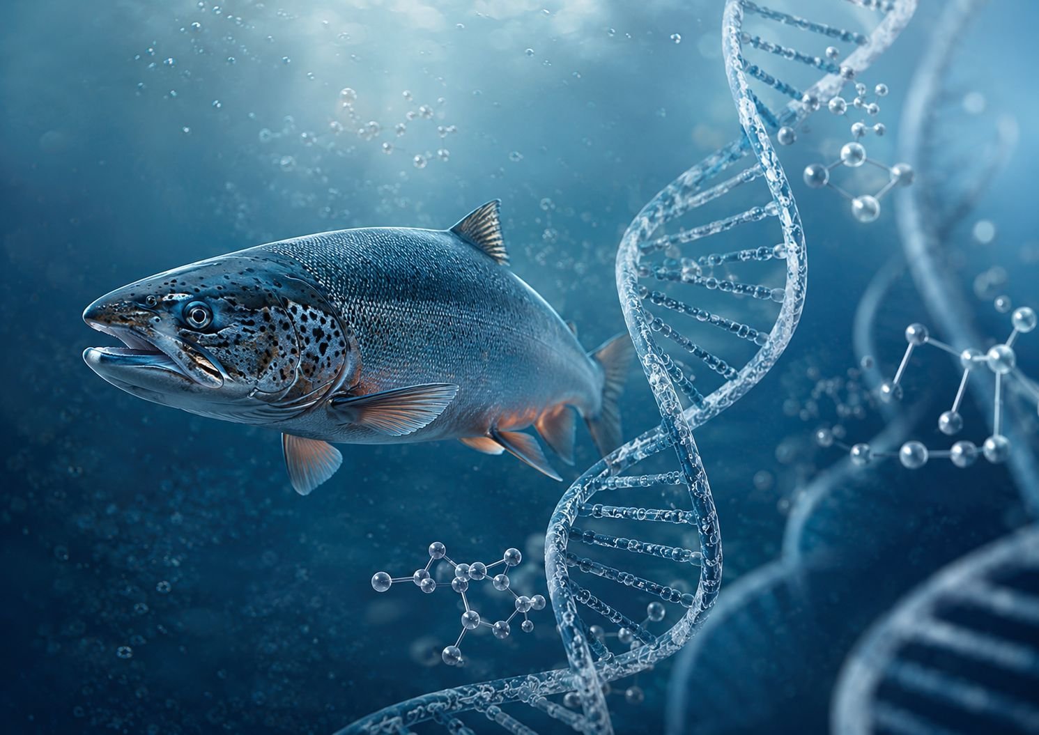 pndrn - Dr Hans Clinics Trout swimming underwater beside a DNA double helix, symbolizing genetics.