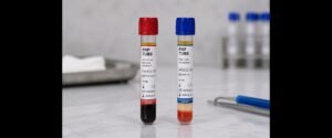 Two PRP tubes with red and blue caps stand on a lab bench, one with dark red fluid and the other with layered blood components.