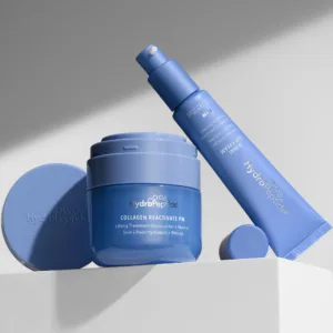 Collagen-ReActivate-PM-Hero-Image-06-3000px_1 - Dr Hans Clinics Blue skincare bottle with a dropper cap and label reading HydroPeptide Collagen Reactivate PM, on a shelf.