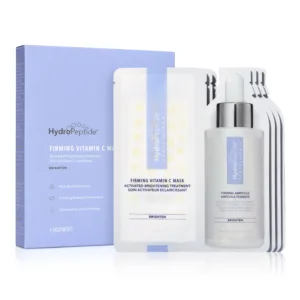 Firming-Vitamin-C-Mask-Retail-Image-05-3000px - Dr Hans Clinics HydroPeptide skincare box with accompanying ampoules, label reads Firming Vitamin C Mask and Activated Brightening Treatment (blue packaging).S