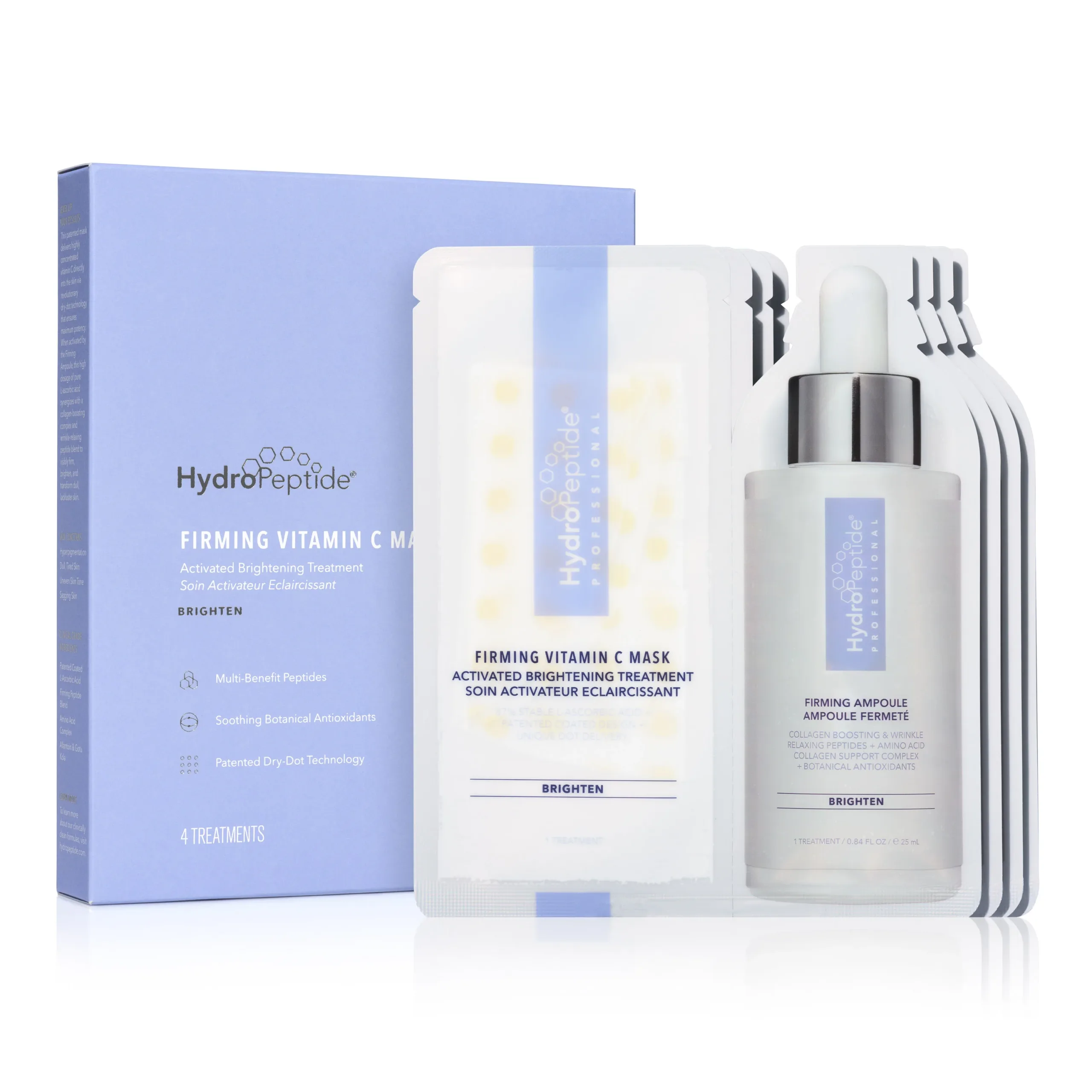 Firming-Vitamin-C-Mask-Retail-Image-05-3000px - Dr Hans Clinics HydroPeptide skincare box with accompanying ampoules, label reads Firming Vitamin C Mask and Activated Brightening Treatment (blue packaging).S