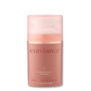 Pink Exuviance Age Reverse Hydrafirm pump bottle with a translucent pink cap, for antiaging skincare use.