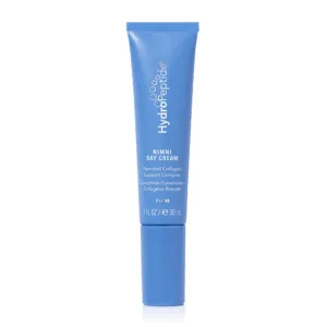 Blue tube of Nimni Day Cream by HydroPeptide with white text, standing upright on white background.