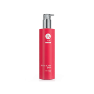 Red cleansing milk bottle with pump dispenser, labeled 'New Born Skin' and 'N Line Advanced' on a white background.