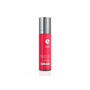 Red cosmetic bottle with silver cap featuring 'N Line' logo and the words 'Rebalancing Cream-Light' (light skin regeneration cream).