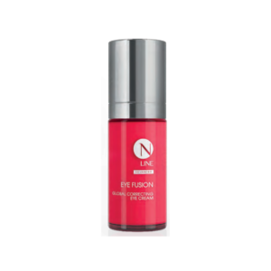 Red bottle of N LINE Eye Fusion Advanced Global Correcting Eye Cream with a metallic silver cap on a white background