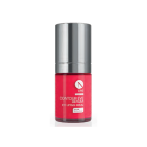 Red bottle of N Line Contour Eye Serum with a tall silver cap; label reads 'Contour Eye Serum' and 'Eye Lifting Serum'.
