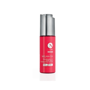 Bright pink bottle of Melan-ox correcting serum with silver cap, for dark spots (N Line Advanced)