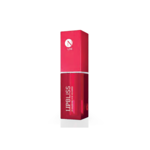 Red lipstick bottle with a pink cap, branded LipBliss, set against a white background on a reflective surface.