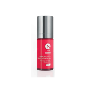 N Line Advanced Mineral Foundation bottle in pink with a tall silver cap, labeled Rebalancing Make Up—Medium shade (foundation container).