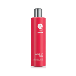 Red cylindrical cosmetic bottle with a silver cap, labeled 'Wake Up Skin' Advanced Tonic with antioxidants (N Line).