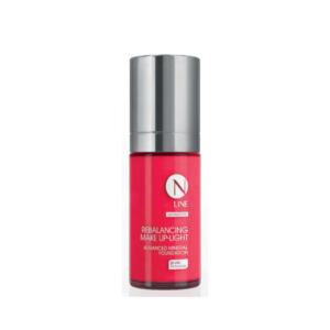 Bottle of N Line Advanced Mineral Foundation, pink liquid with a shiny silver-cap pump top on a white background
