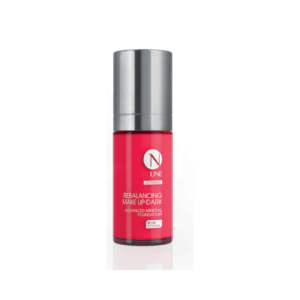Red bottle of makeup foundation with a tall silver cap, labeled N Line Advanced Rebalancing Make Up-Dark (3D HA technology).