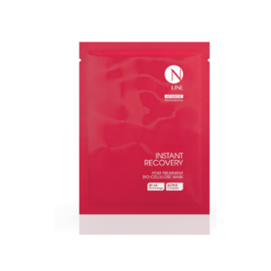 Red cosmetic mask packet labeled 'INSTANT RECOVERY' with post-treatment bio-cellulose mask packaging