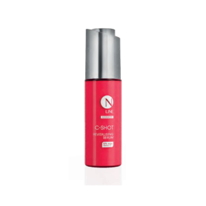 Red bottle of N Line C-SHOT Revitalising Serum with a silver pump-cap, standing upright on a white background; front label visible.