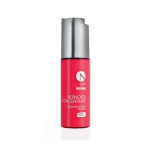 Red cosmetic serum bottle with a silver cap, labeled 'Retinoids Concentrate Rejuvenating Serum' by N Line (Advanced).