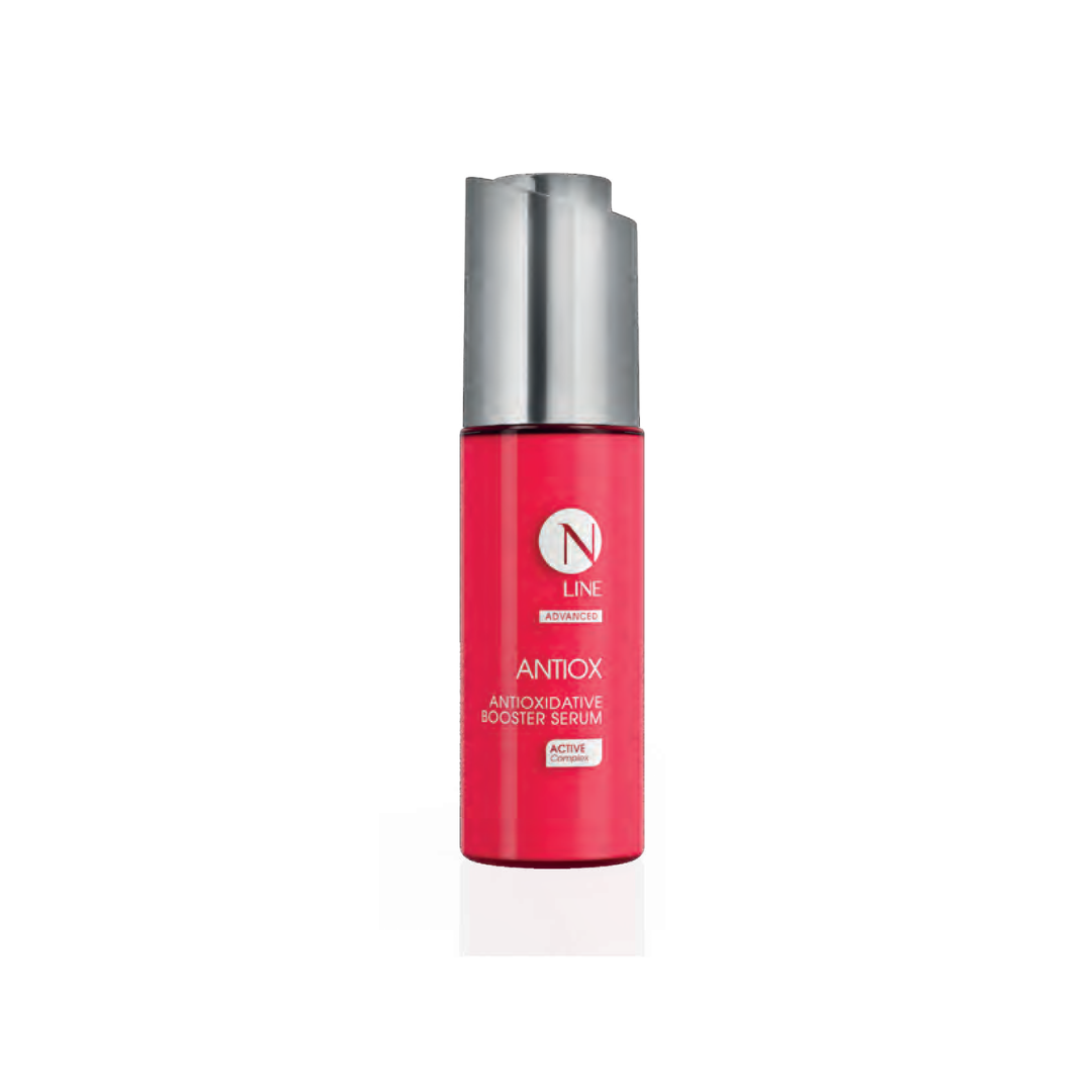 N-Line 5 - Dr Hans Clinics Red cosmetic serum bottle with a silver cap, labeled 'ANTIOX' antioxidant booster serum by N LINE.