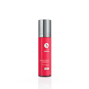 Red serum bottle labeled 'Acne Stress Control' with a silver cap, standing upright.