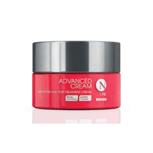 Red cosmetic jar labeled 'Advanced Cream' with a metallic silver lid, for age-defense and post-treatment skin care (3D HA technology).