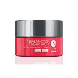 Red jar labeled 'Rebalancing Cream-Rich' with a metallic lid, a rich skin regeneration cream on a reflective surface