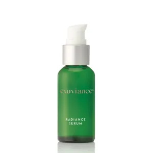 Green glass serum bottle with a white pump, labeled 'exuviance' and 'Radiance Serum' on a white background
