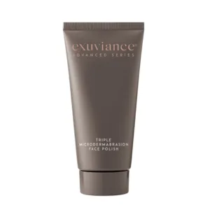Brown tube of Exuviance Advanced Series Triple Microdermabrasion Face Polish with twist cap against white background