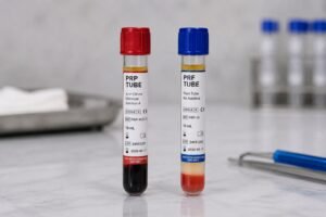 Two PRP tubes with red and blue caps stand upright on a lab bench, containing blood and plasma with blurred lab gear in the background.