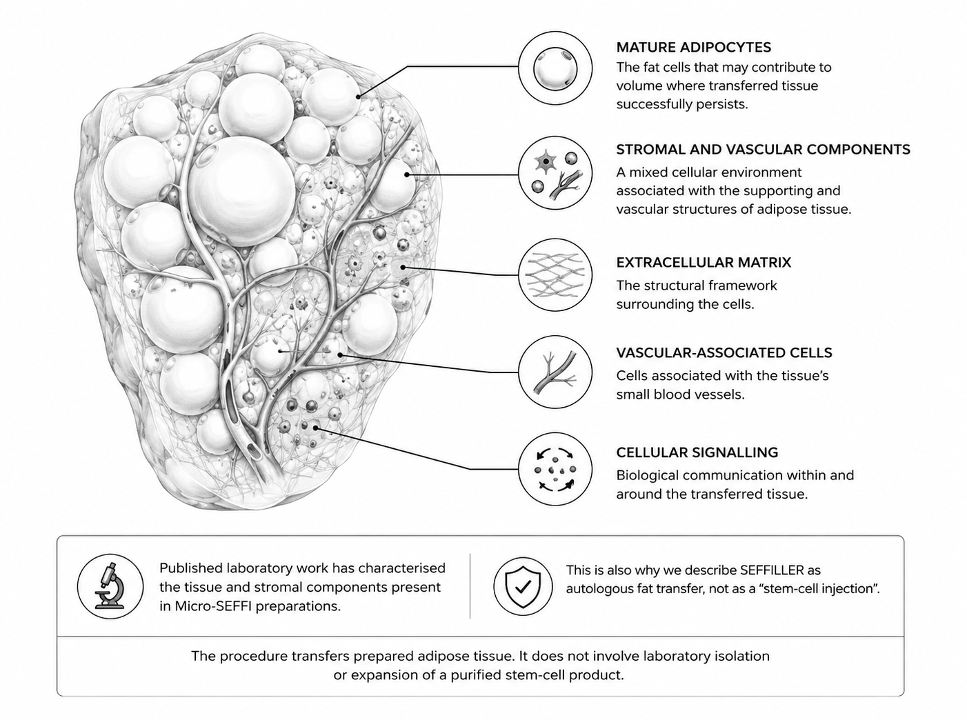 Diagram of adipose tissue highlighting five components: adipocytes, stromal/vascular elements, extracellular matrix, vascular-associated cells, and cellular signaling.