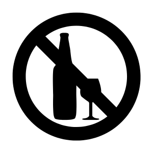 No alcohol permitted: bottle and wine glass shown inside a prohibitory circle