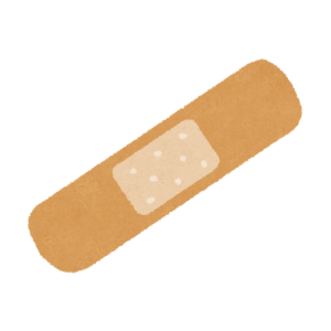 Adhesive bandage (band-aid) with a beige pad in the center, placed diagonally.