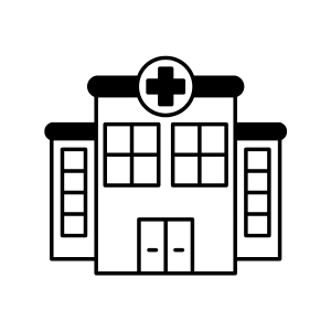 Hospital building icon with a cross on the roof, central entrance, and side wings.