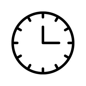 Analog clock showing 3:00 on a white background with a black frame, minute hand at 12 and hour hand at 3