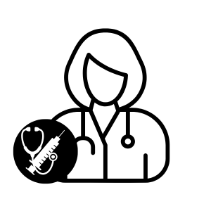 Healthcare professional icon (doctor) with a stethoscope, and a vaccine syringe emblem on a black badge.