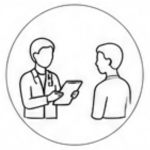 Line drawing of a doctor holding a clipboard and talking to a patient inside a circular frame.