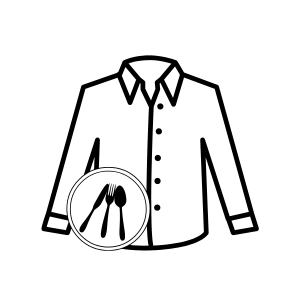 Line drawing of a button-down shirt with a plate containing a fork, knife, and spoon overlapping the lower-left area.