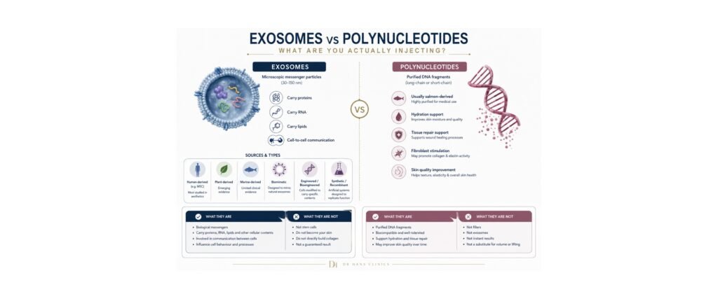 Infographic comparing exosomes and polynucleotides, highlighting sources, types, and communications.