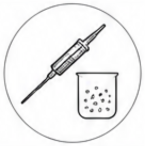 Syringe angled above a beaker containing pills, all inside a circular border.