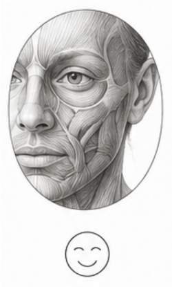 Oval portrait showing exposed facial muscles inside an oval frame, with a small smiling emoji beneath.
