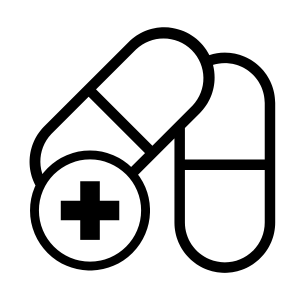 Medical icon showing two capsules with a circular badge containing a plus sign, representing medicine or pharmacy