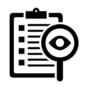 Clipboard with a list and a magnifying glass featuring an eye, symbolizing document review or inspection.