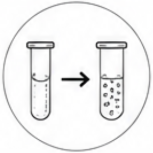 Diagram of a chemical reaction: a liquid in the left test tube is converted to gas bubbles in the right test tube, shown by an arrow.