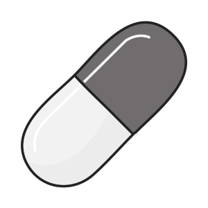 Capsule-shaped pill icon, half gray and half white with a black outline, viewed diagonally in a simple graphic.