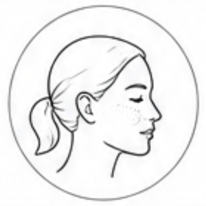 Profile icon: side view of a woman's face inside a circle, simple line drawing with a ponytail buttress detail.