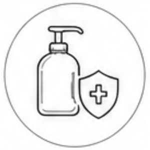 Hand sanitizer bottle with a shield displaying a medical cross inside a circular border, symbolizing health protection.